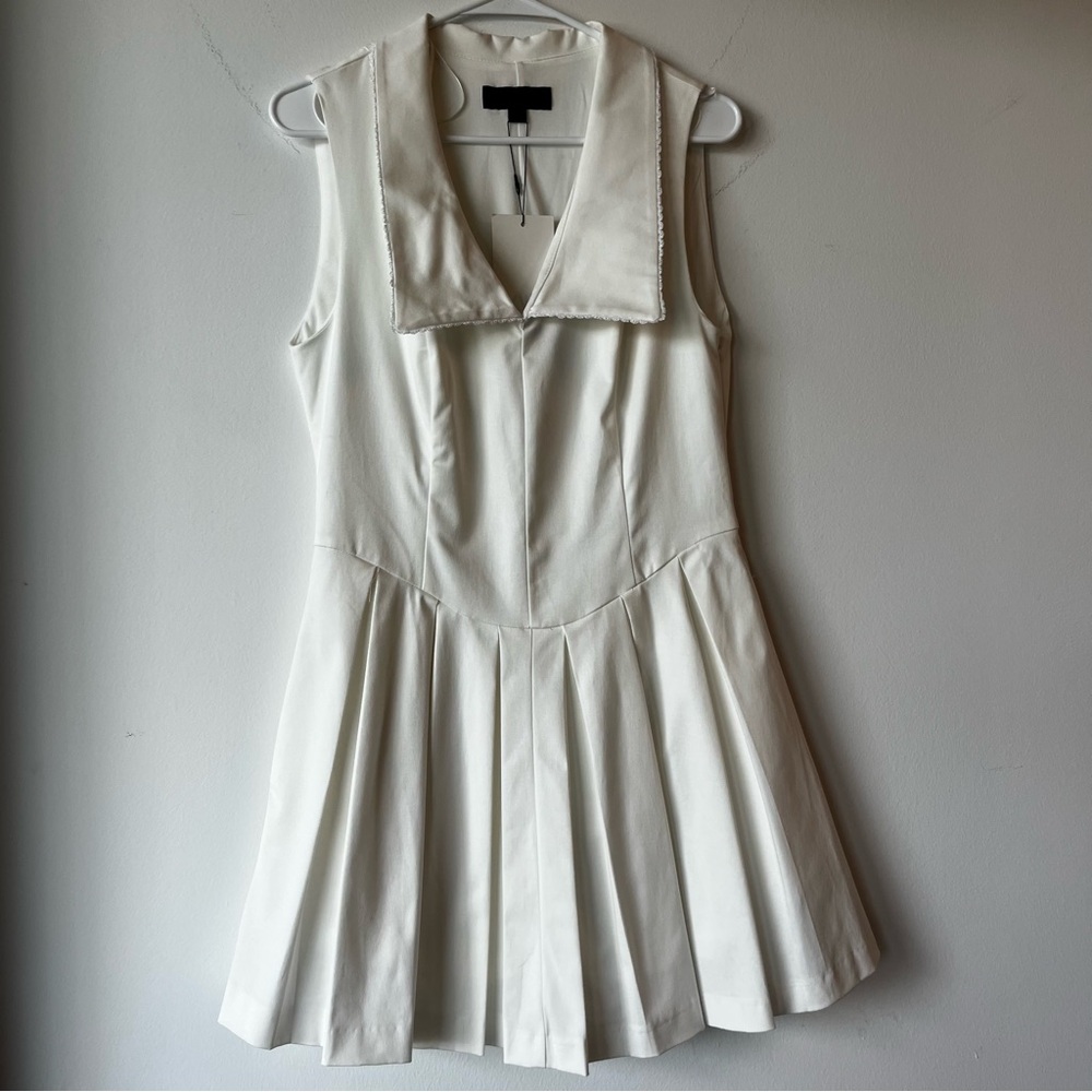 ZARA White Pleated Dress Peter Pan Collar Lace Trim Poplin Cottage Graduation